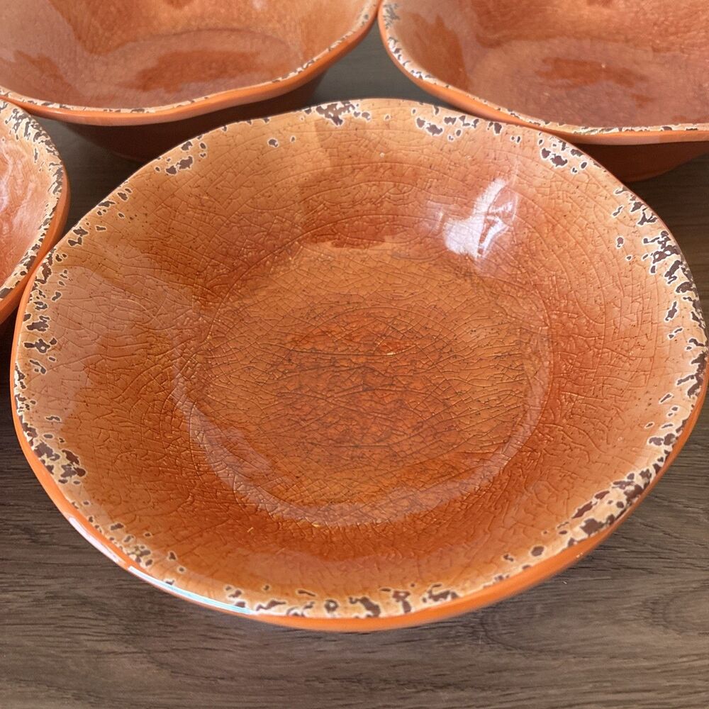 2x Pier 1 Carmelo Distressed Melamine, Orange 7” SoupCereal Bowls Rustic, Stack